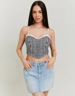 Crop Top Imprimé Vichy avec Ourlet en Dentelle^Tally Weijl Online