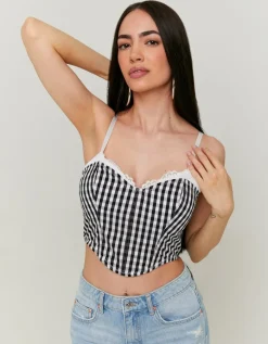 Crop Top Imprimé Vichy avec Ourlet en Dentelle^Tally Weijl Online