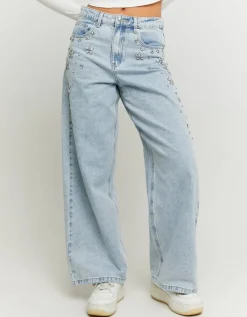 Jean Baggy Bleu Clair Taille Basse avec Strass^Tally Weijl Online