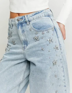 Jean Baggy Bleu Clair Taille Basse avec Strass^Tally Weijl Online