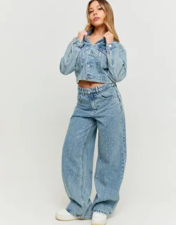 Jean Baggy Taille Mi-Haute à Carreaux en Strass^Tally Weijl New