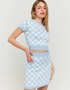 Jupe en Maille Blanche et Bleue à Imprimé Vichy^Tally Weijl Best