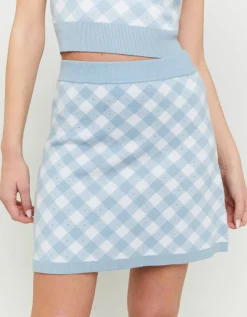 Jupe en Maille Blanche et Bleue à Imprimé Vichy^Tally Weijl Best
