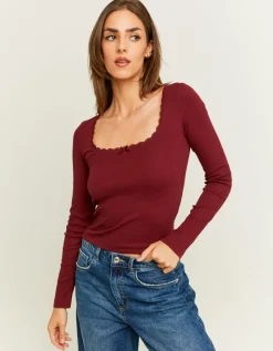 T-Shirt Bordeaux Basique avec Détail Dentelle^Tally Weijl Outlet
